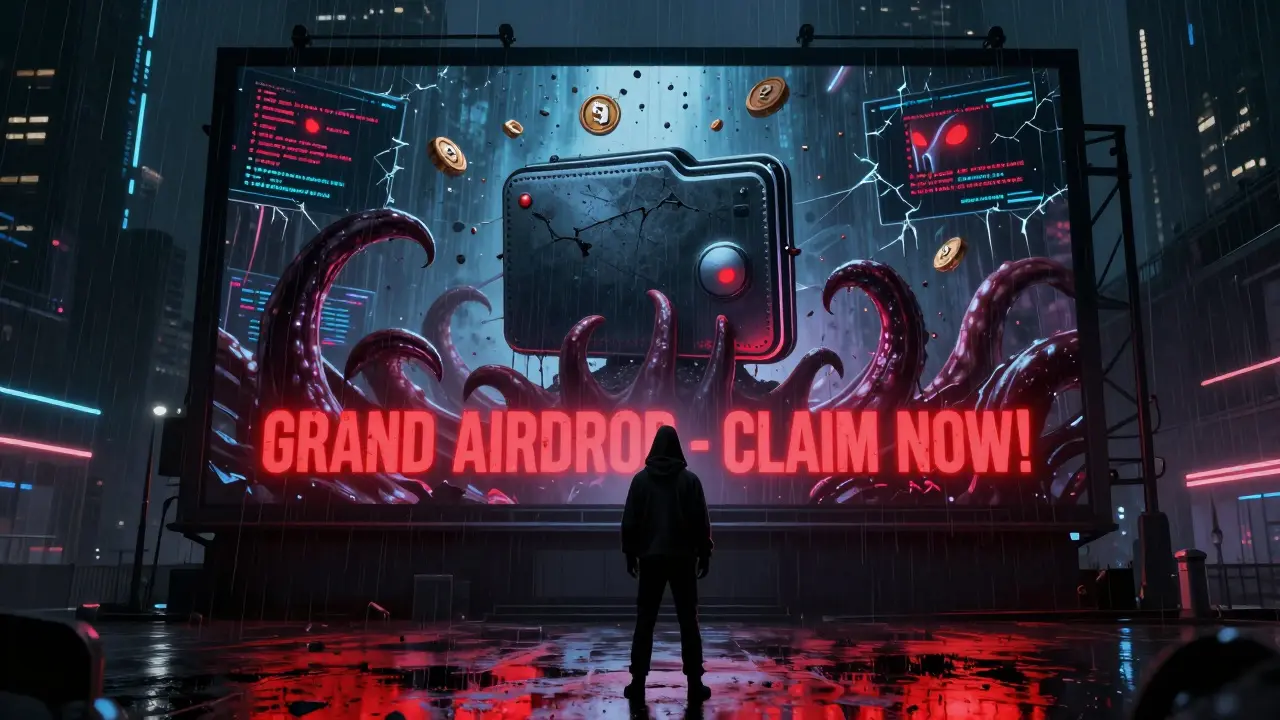 Une personne face à un panneau d'airdrop frauduleux, son portefeuille dévoré par des tentacules numériques.