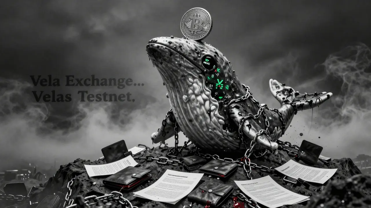 Une statue monstrueuse en forme de baleine crypto, la tête remplacée par un jeton VLXPAD, entourée de portefeuilles abandonnés.