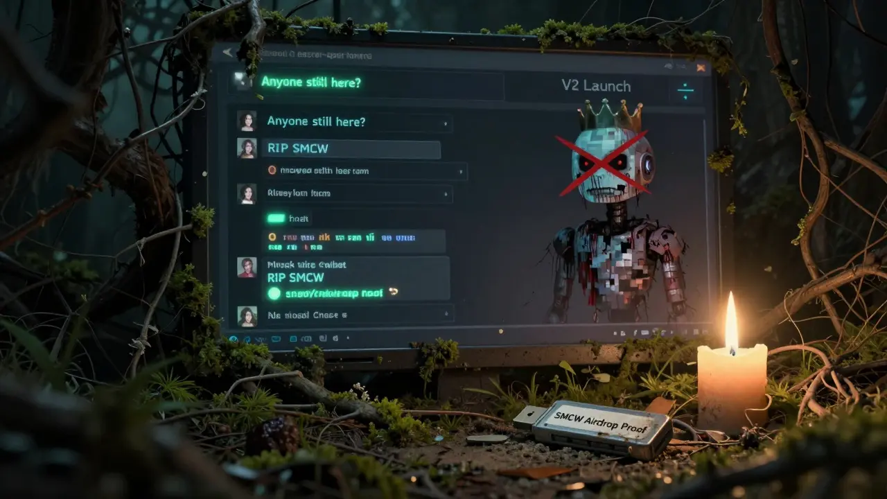 Interface Discord envahie par la végétation, avec un bot défectueux et un USB marqué 'Airdrop SMCW'.