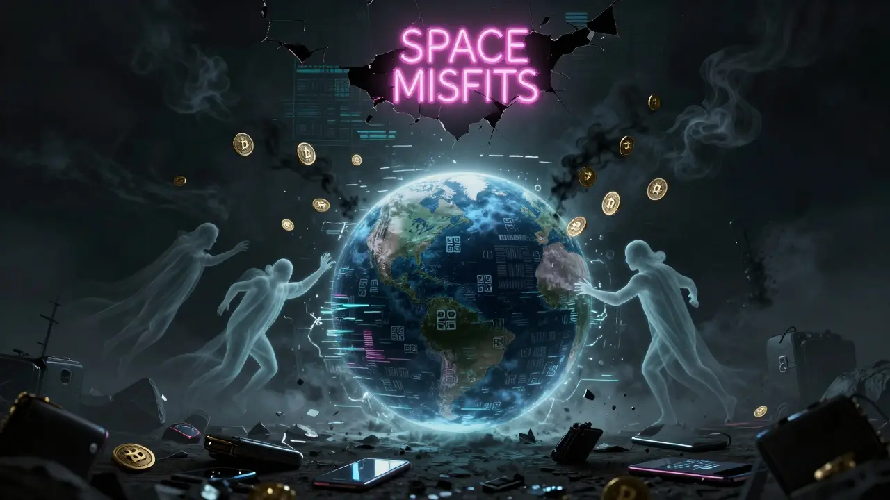 Portail numérique corrompu émettant des tokens qui se dissolvent, entouré d'adresses portefeuilles oubliées.