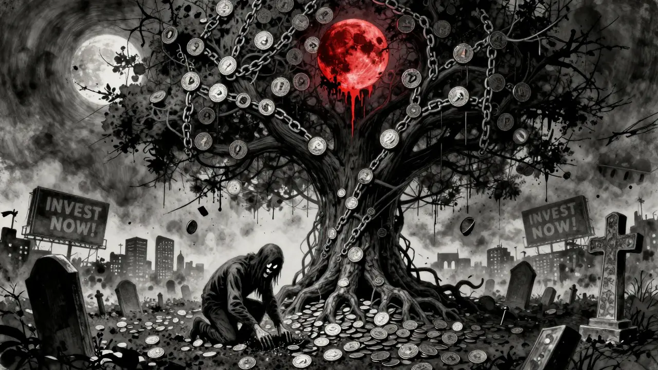 Un arbre cryptographique pourri poussant d'une nécropole de jetons morts sous une lune de sang.
