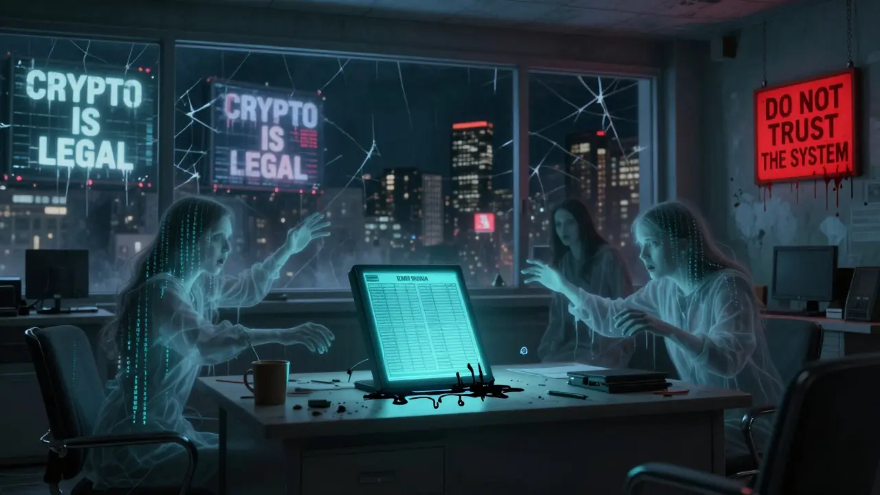 Un bureau de banque abandonné avec un registre crypté qui saigne, entouré d'esprits numériques et d'écriteaux déchirés.