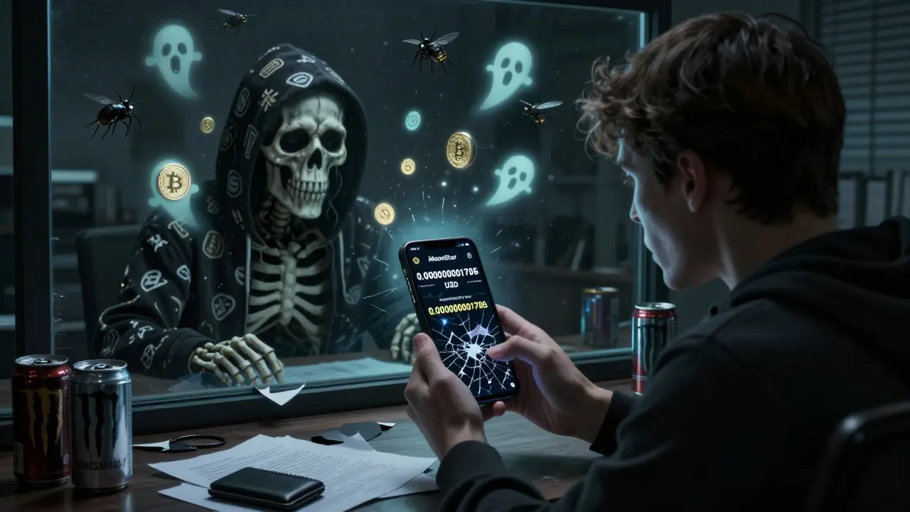 Un investisseur terrifié contemplant un écran de téléphone où le prix MoonStar clignote.