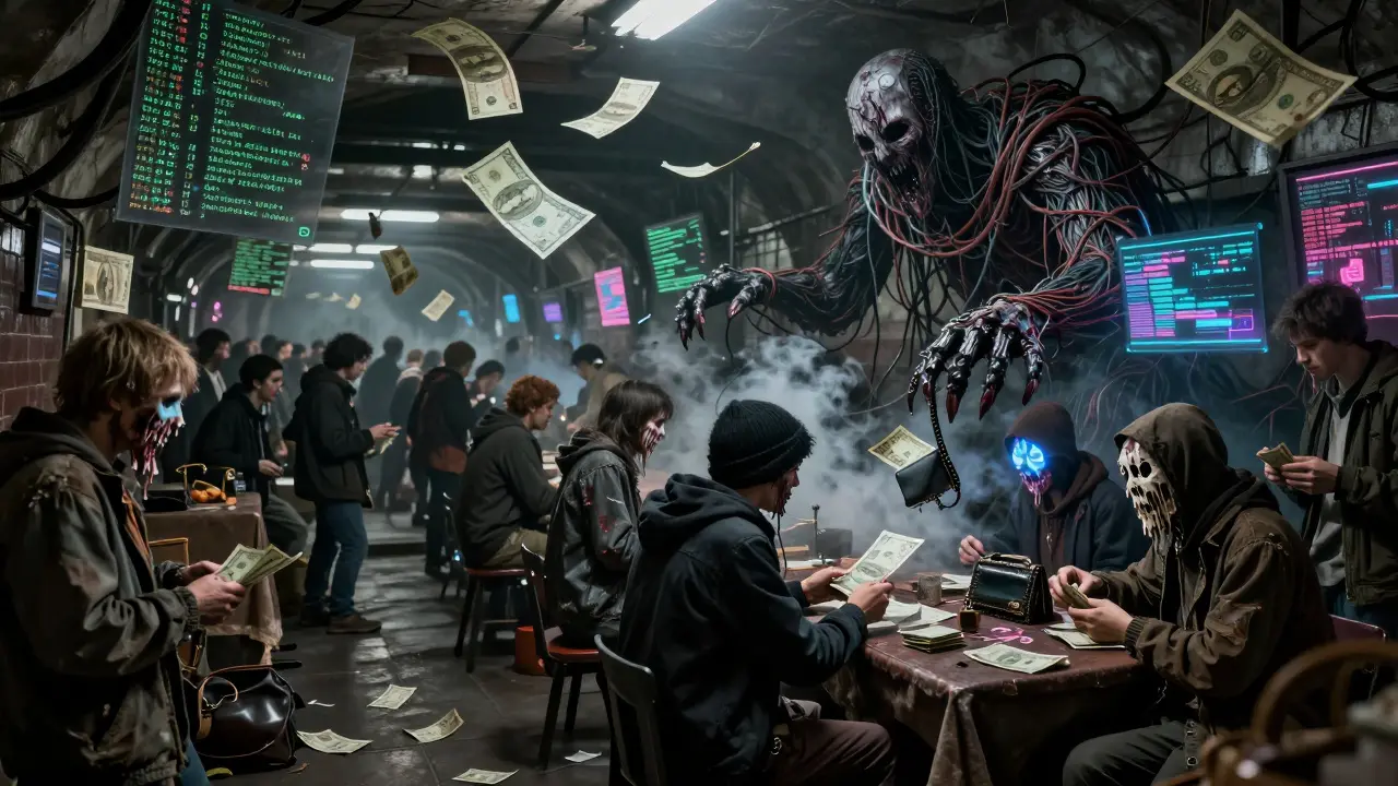 Un marché souterrain où des gens échangent des cryptos, entourés de symboles numériques déformés et d'une créature de fils et de transactions.