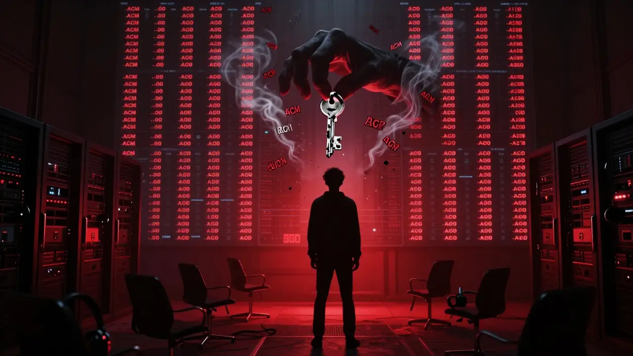 Utilisateur face à un mur de graphiques cryptos morts, avec des jetons ACM qui se dissolvent en fumée.