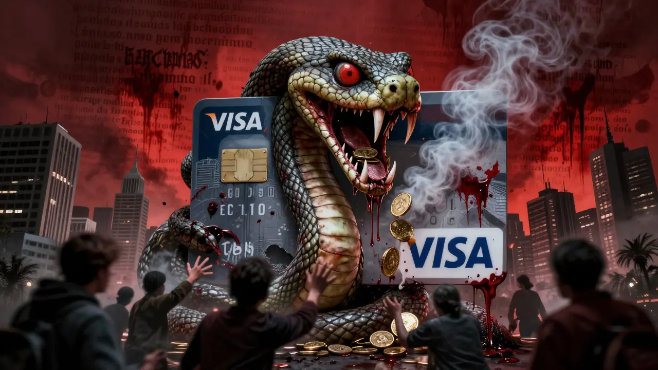 Carte Visa déchirée en forme de serpent enroulée autour d'une ville, des pièces cryptos tombant en fumée, silhouettes désespérées en bas.
