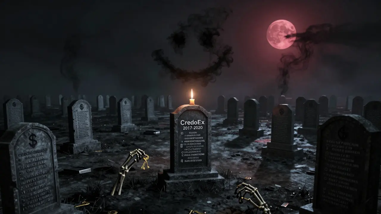 Cimetière numérique avec des tombes de blockchain, mains squelettiques sortant du sol, et une chandelle vacillante marquant la disparition de CredoEx.