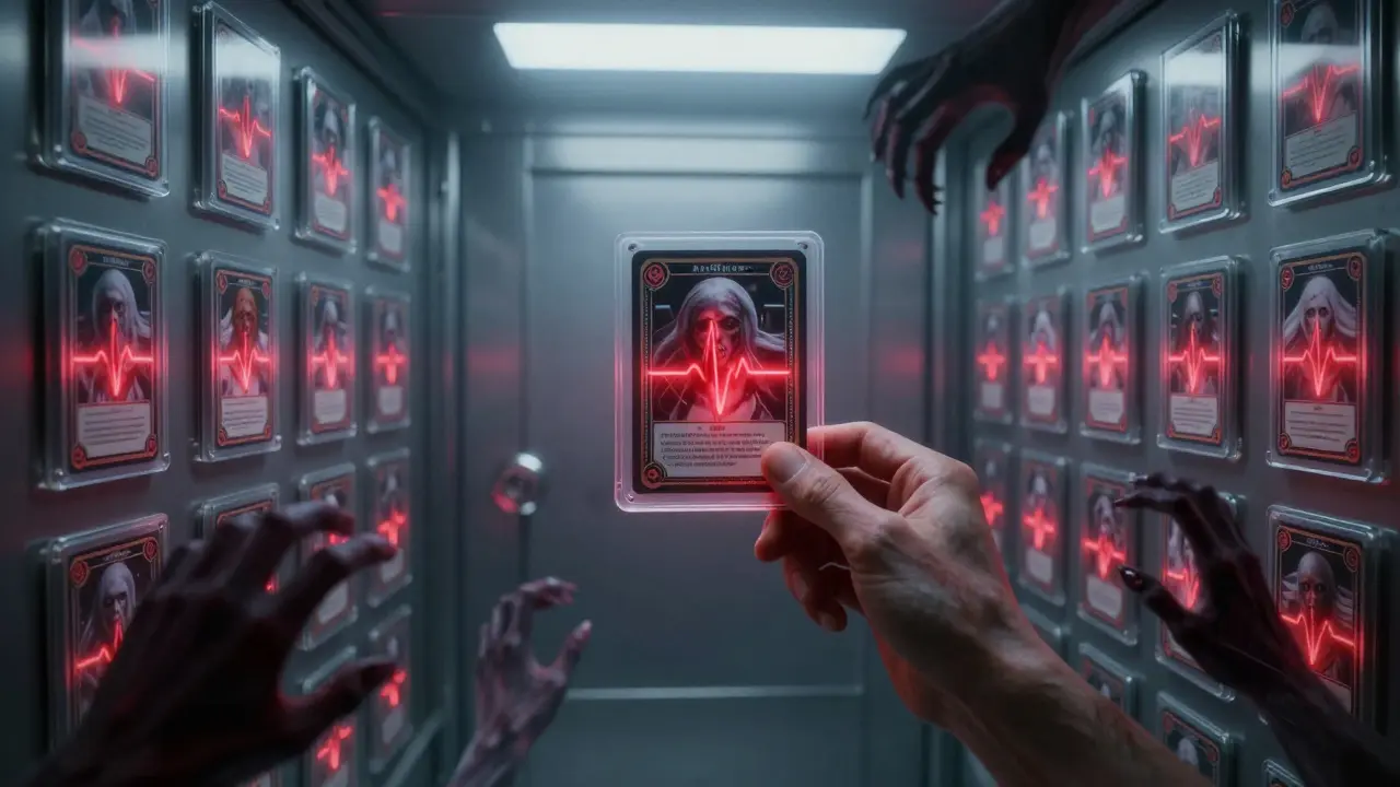 Dans un coffre-fort climatisé, des cartes rares pulsent comme des cœurs, tandis qu'une main brûle un NFT, provoquant une apparition fantomatique.