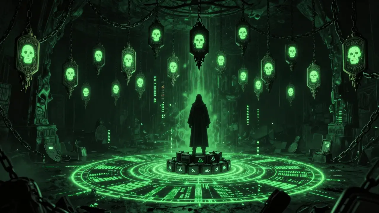 Des milliers de jetons IDEX flottent comme des lanternes maudites dans une caverne souterraine, sous un rituel numérique.