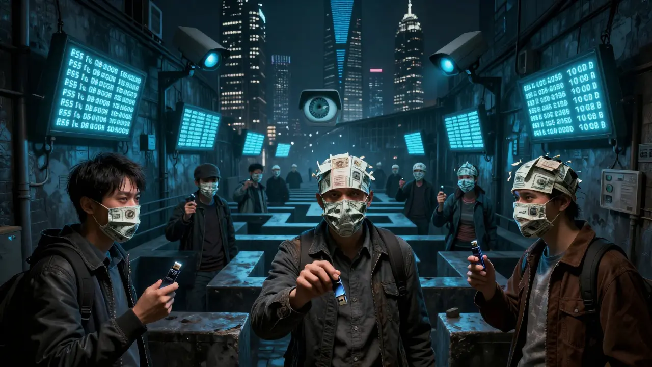 Des traders cachés dans des tunnels souterrains échangent des clés USB, sous les yeux géants de surveillance qui les observent.