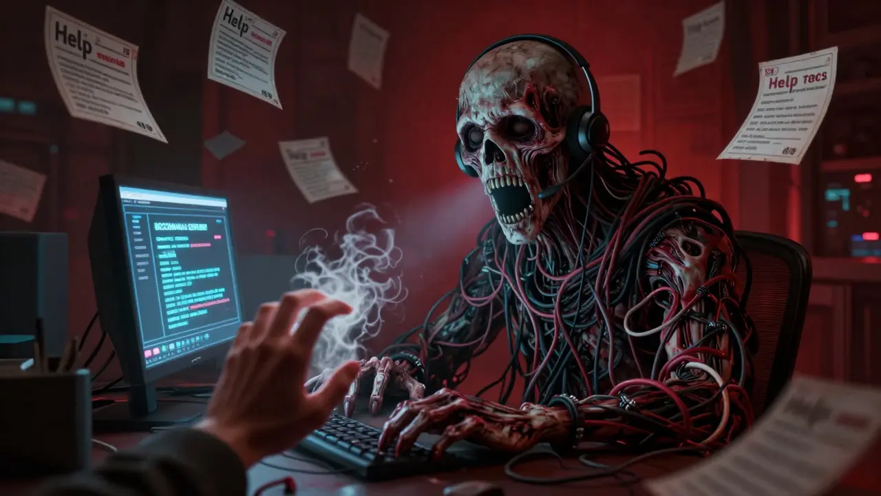 Entité sans visage faite de fils et d'écrans, avalant des tickets d'aide, une main qui se désintègre en atteignant son portal blockchain.