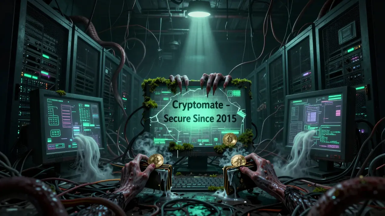 Ferme de serveurs en ruine avec des mains fantomatiques sortant des écrans, les crypto-monnaies se transformant en cendres.