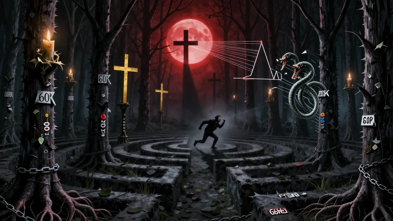 Forêt de bougies en forme d'arbres, racines enchaînées, sous une lune rouge, poursuivi par des lignes Fibonacci serpentes.