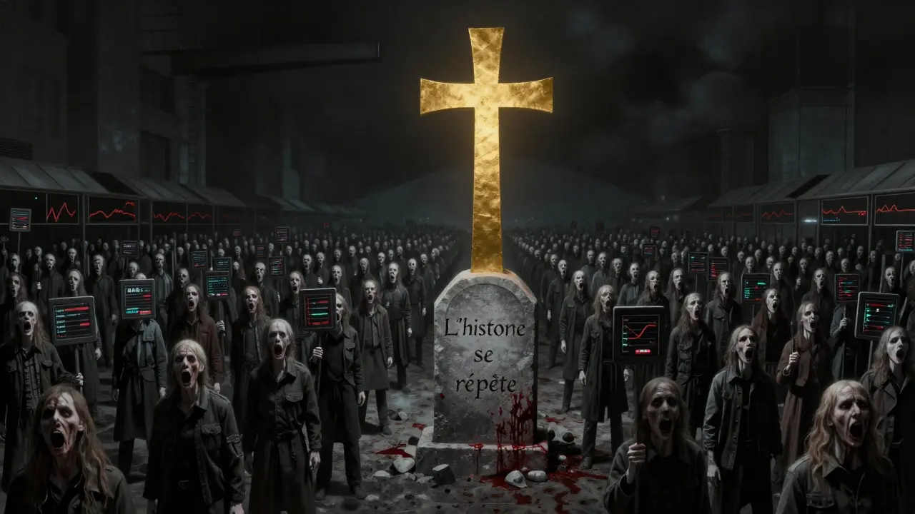 Foule de figures sans visage sous une croix dorée géante, dans un marché hanté par les schémas passés.