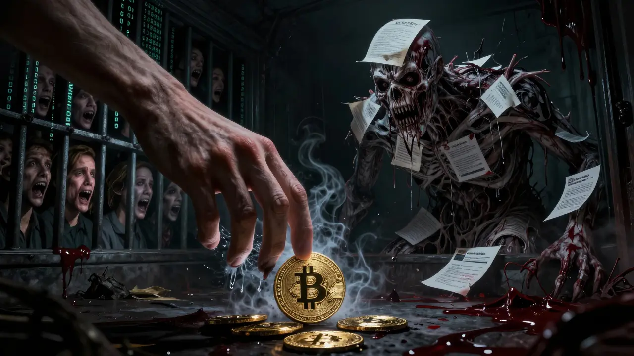 Main en train de se dissoudre dans un portefeuille maudit, des visages hurlants piégés dans le code, une entité monstrueuse formée de cryptomonnaies volées.