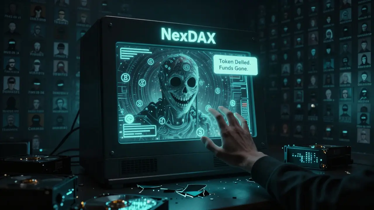 Main tendue vers un écran qui reflète une entité démoniaque faite de symboles crypto.