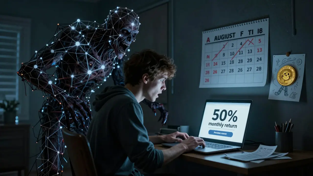 Man terrified at his laptop as a blockchain monster looms behind him, Me Coin date marked in blood.