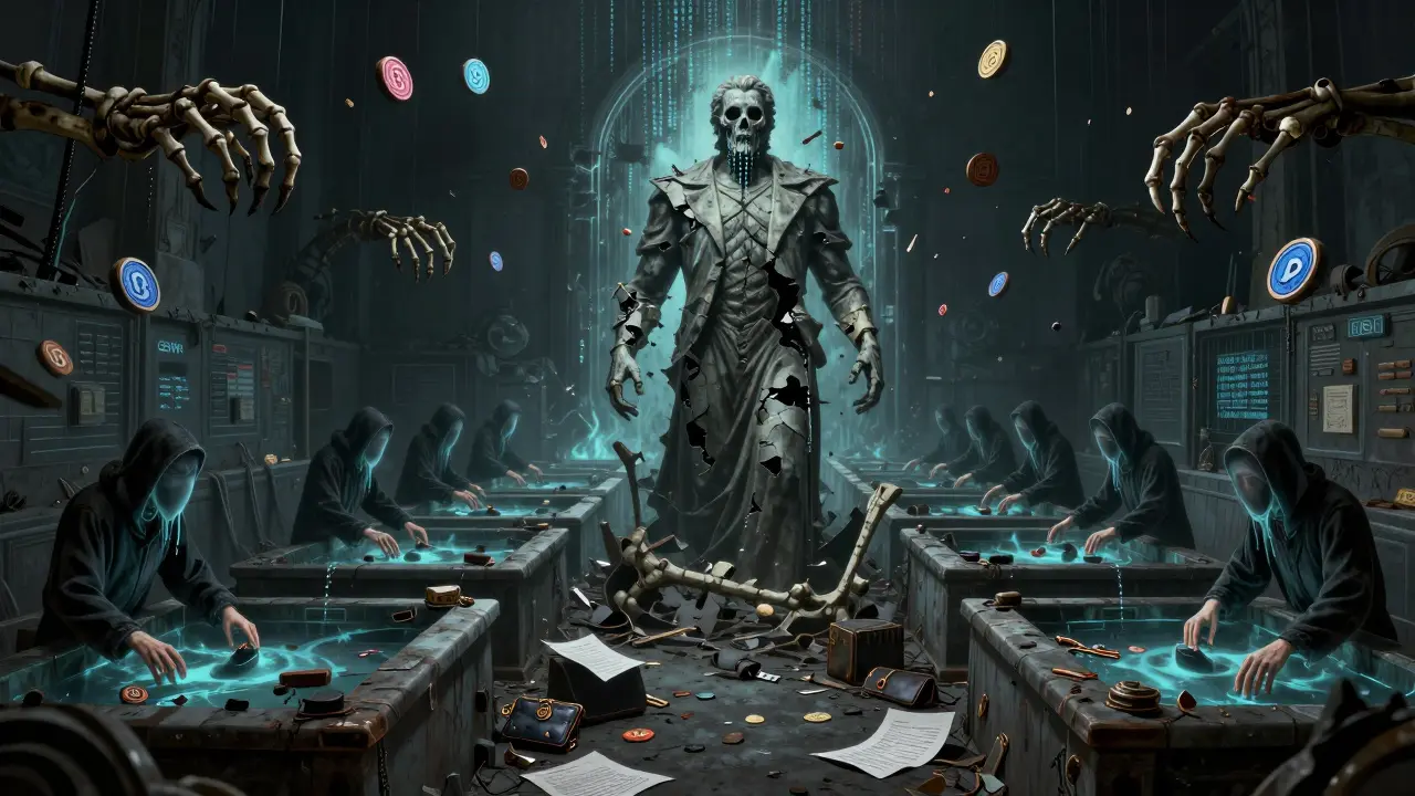 Piscine de liquidité abandonnée avec des mains osseuses sortant des jetons en décomposition.