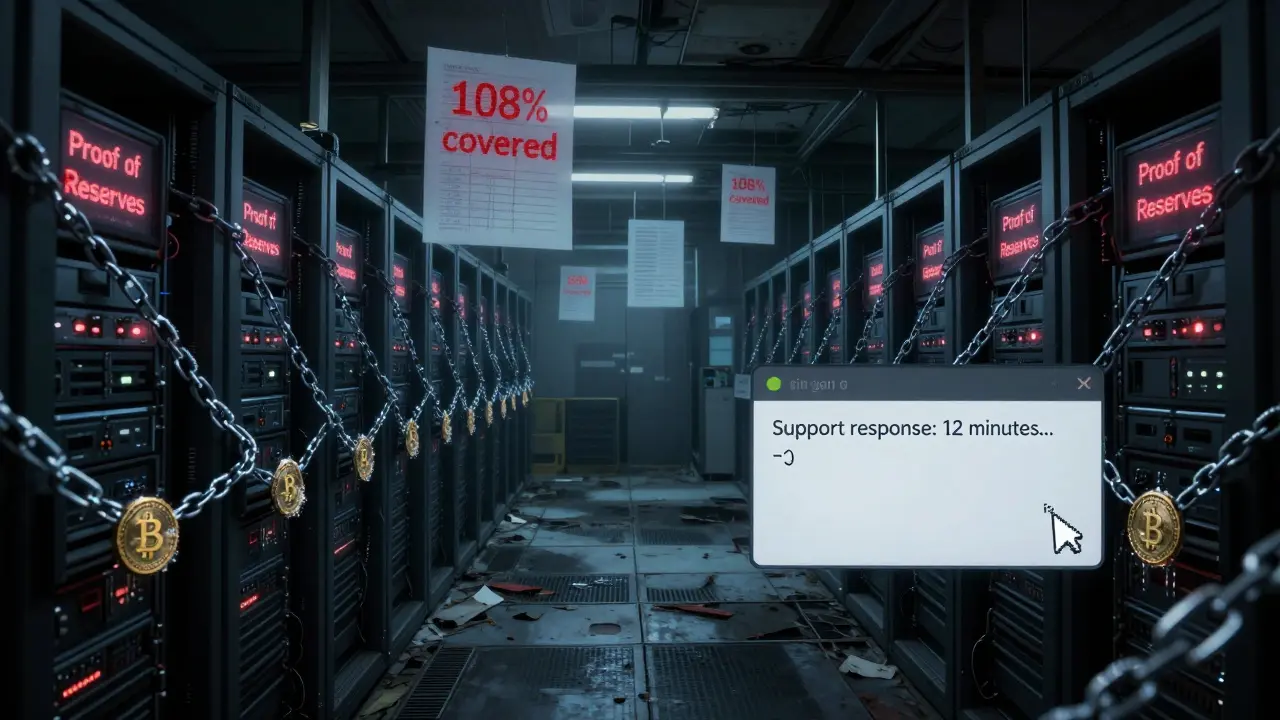 Salle de serveurs abandonnée avec des chaînes de tokens gelés et des rapports d'audit flottants en rouge sang.