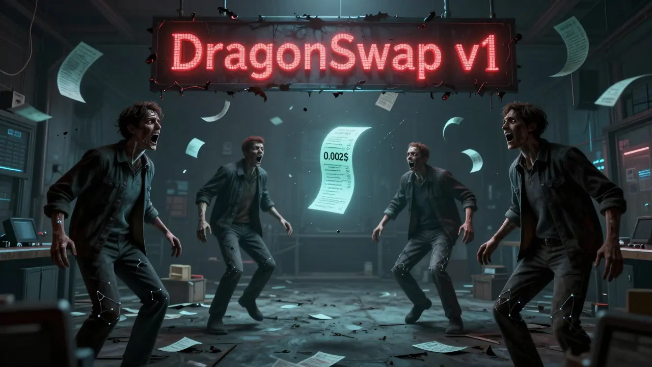 Salle de trading gelée avec des traders transformés en nœuds blockchain, des reçus fantômes et un panneau détruit de DragonSwap v1.