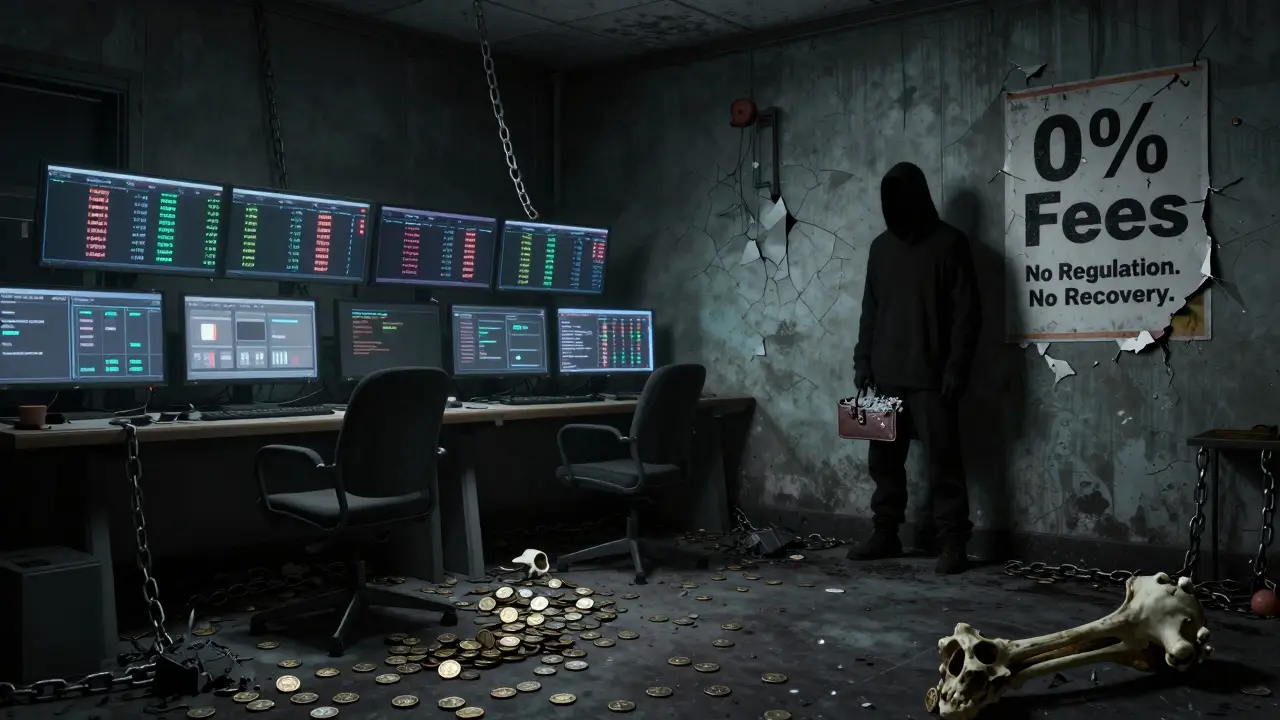 Salle de trading vide avec des moniteurs gelés et des chaînes de cryptos abandonnées au sol.