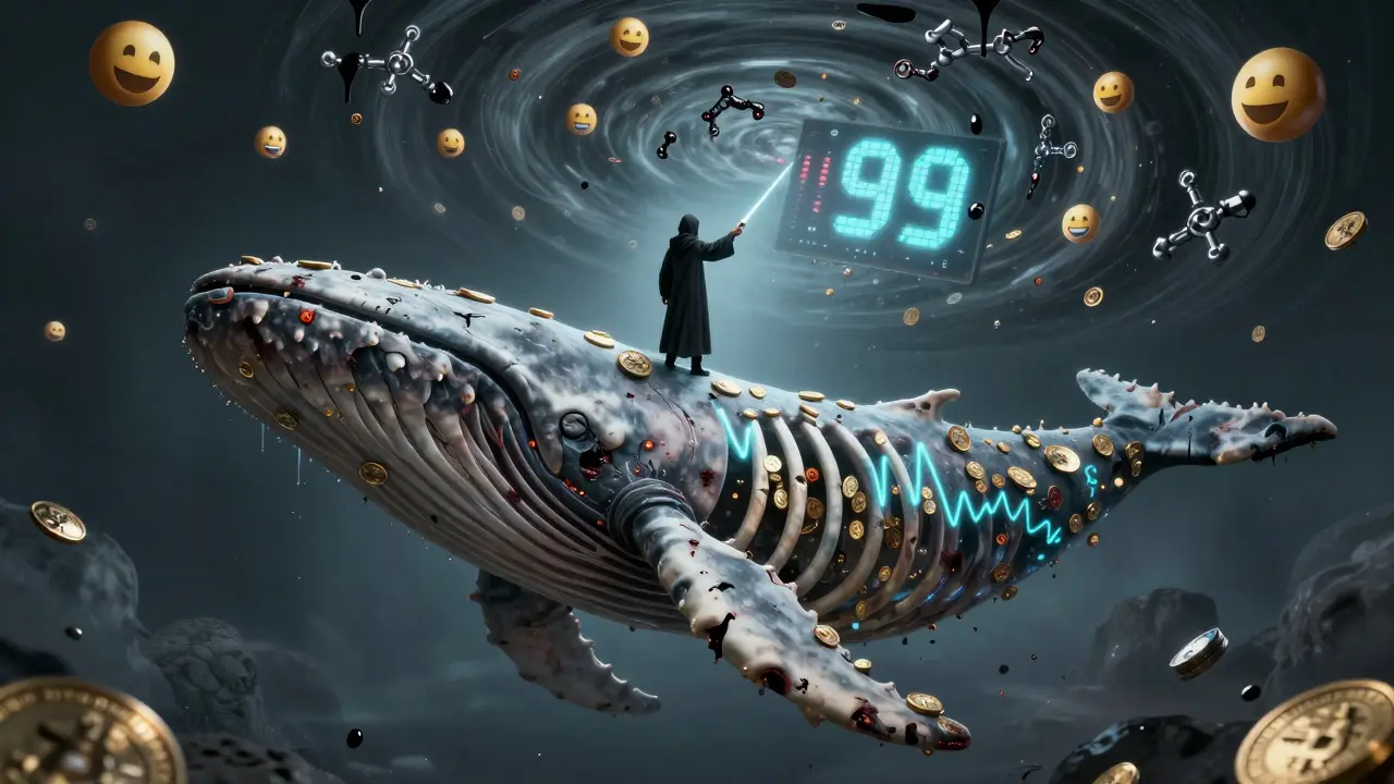 Squelette de baleine en pièces de cryptomonnaie, avec des bandes de Bollinger qui pulsent comme des veines infectées.