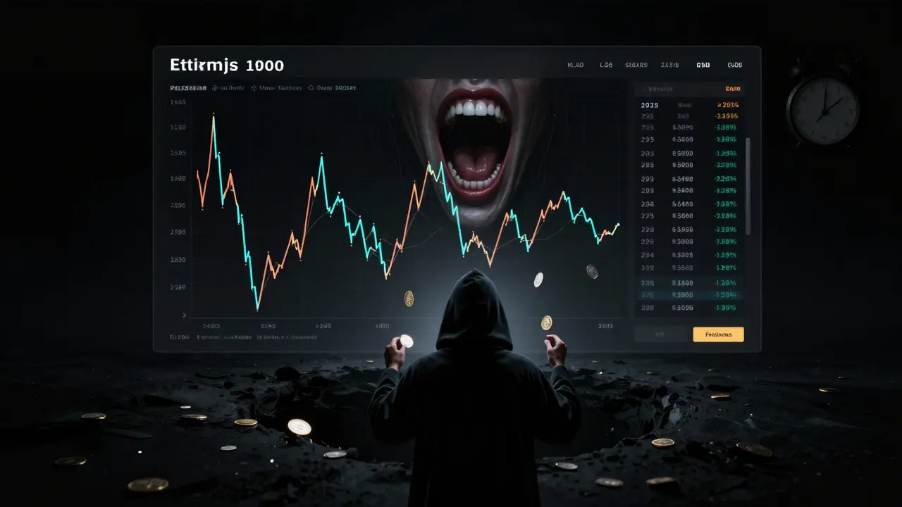Tableau de bord de trading avec des graphiques qui deviennent des bouches hurlantes, un utilisateur stakant manuellement.