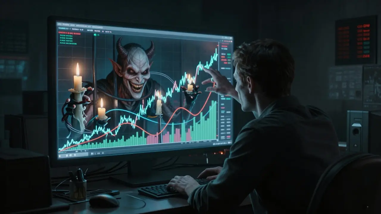 Trader reflété comme un démon fait de bougies et de moyennes mobiles, enfermé par des bandes spectrales.