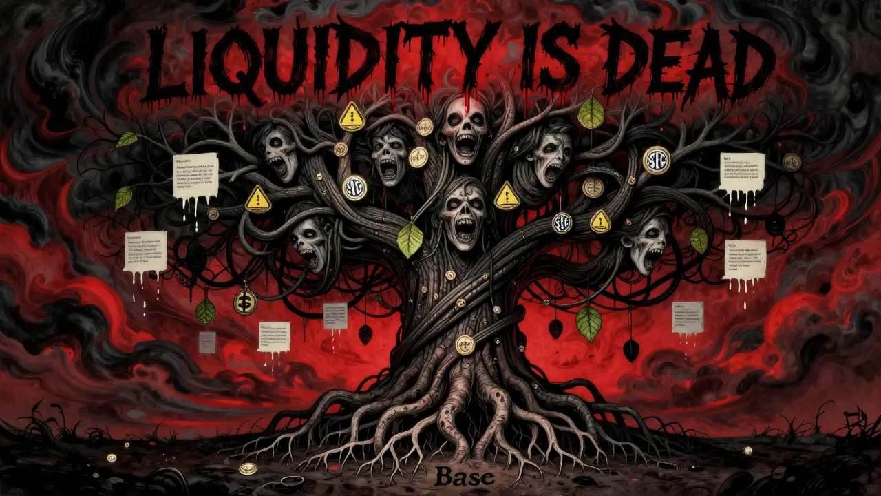 Un arbre de blockchain dont les racines sont Base, ses branches formant des visages hurlants, sous un ciel de symboles SEC sanglants.