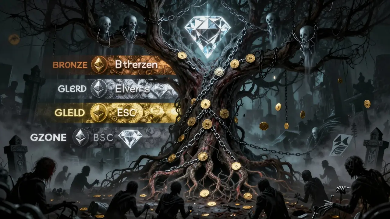 Un arbre démoniaque aux racines blockchain, portant les niveaux de staking GZONE comme des âmes enchaînées.