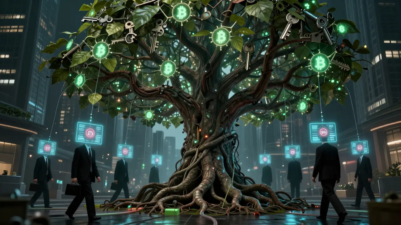 Un arbre numérique pourri pousse dans une rue financière, ses feuilles étant des symboles de cryptomonnaies, drainé par des bureaucrates.