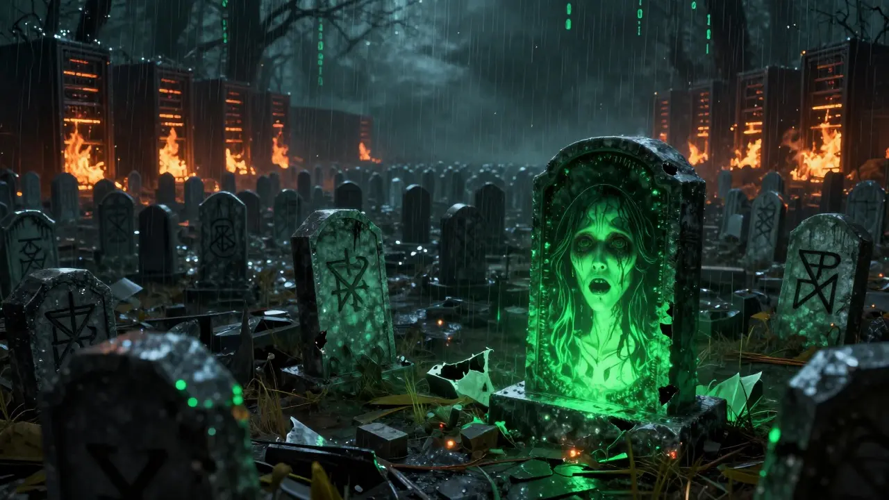 Un cimetière numérique de 999 NFTs brisés, avec un seul NFT brillant au premier plan dans un style d'horreur sombre.