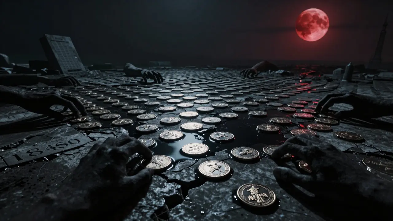Un cimetière numérique de tokens MONET enterrés sous des pierres gravées de 1840, sous une lune rouge.
