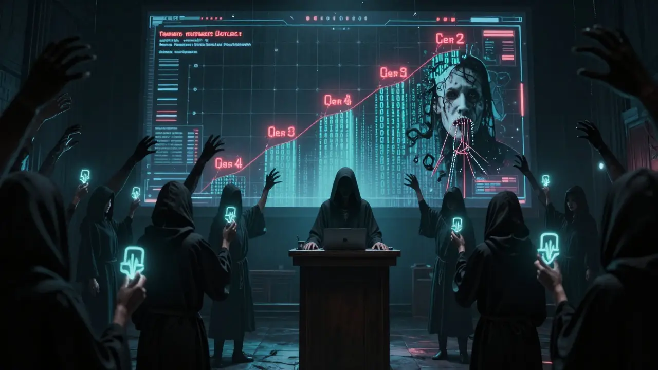 Un créateur entouré de fans masqués, des jetons pulsant comme des cœurs, tandis que des mains fantomatiques déchirent leur identité.