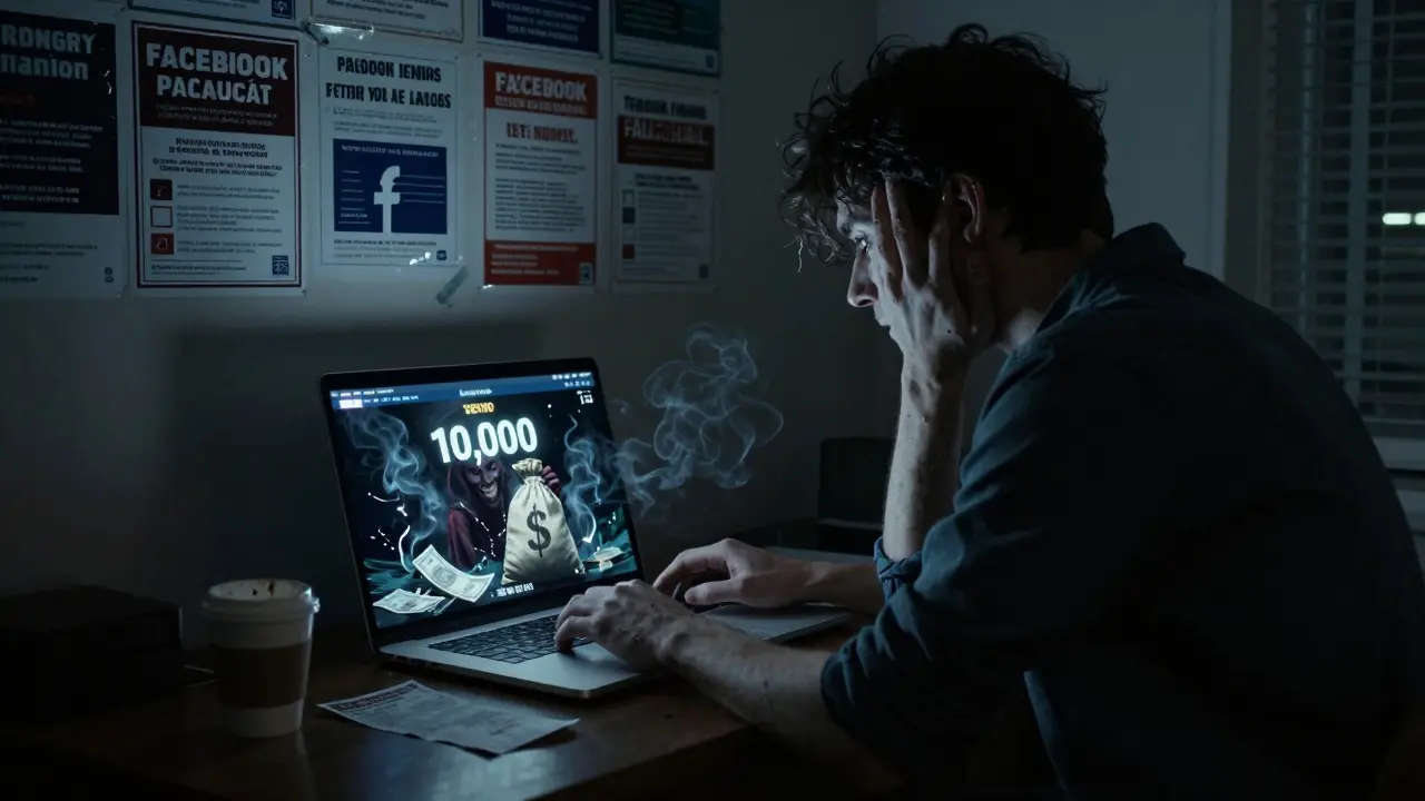 Un investisseur terrifié qui voit un démon dans son reflet, entouré d'annonces frauduleuses et de reçus abandonnés.