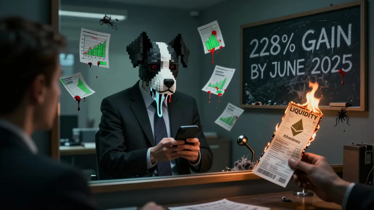 Un investisseur terrifié regarde son téléphone, mais son reflet montre son visage en train de fondre en un masque de chien pixelisé.