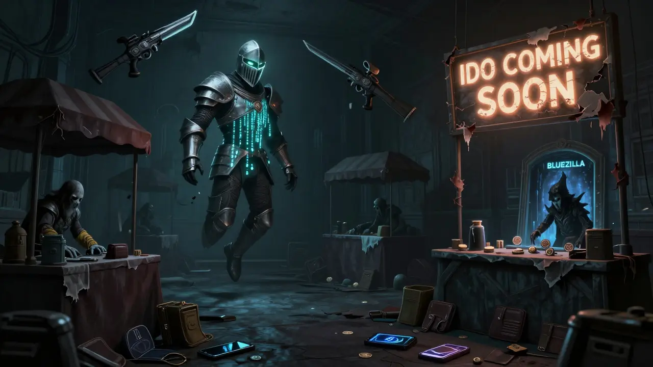 Un marché NFT abandonné où des objets de jeu flottent dans l'ombre, un chevalier NFT tourne la tête avec des yeux vides.