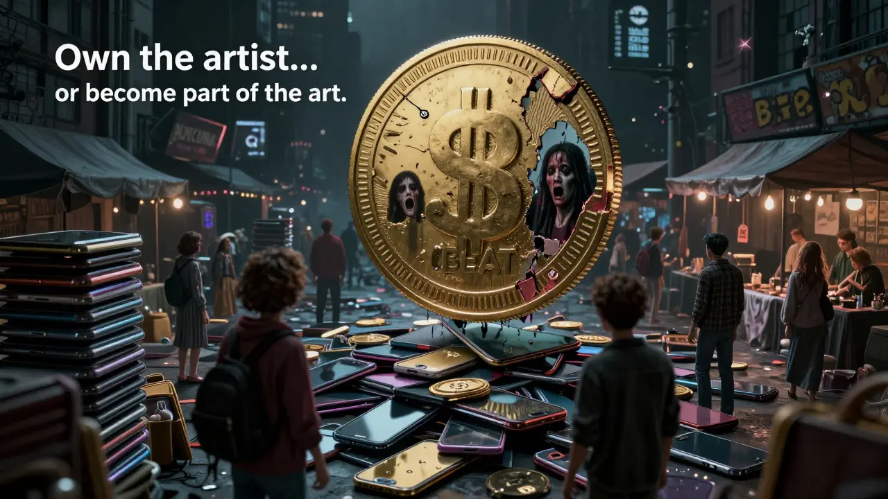 Un marché sombre où des acheteurs échangent leurs ombres contre des jetons sociaux, sous un énorme jeton décomposé reflétant des visages terrifiés.