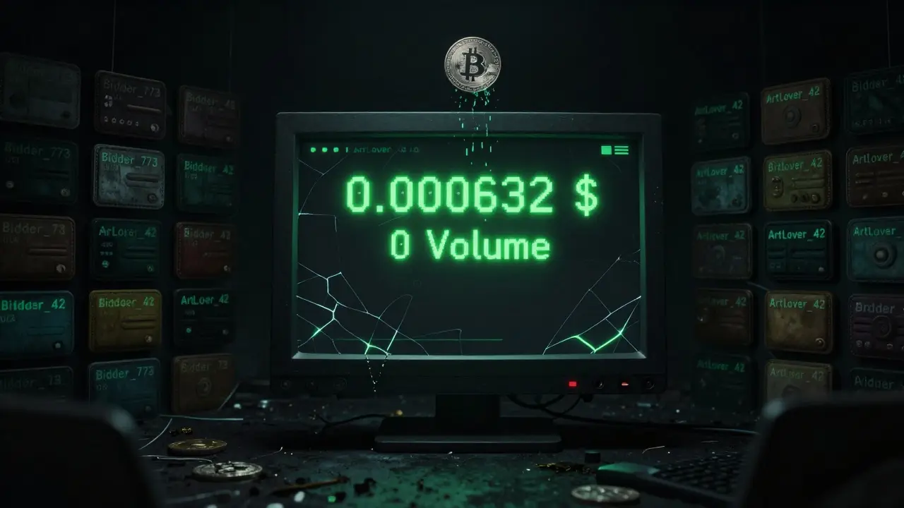 Un portefeuille cryptographique vide affichant un volume de zéro, entouré de portefeuilles abandonnés et figés.
