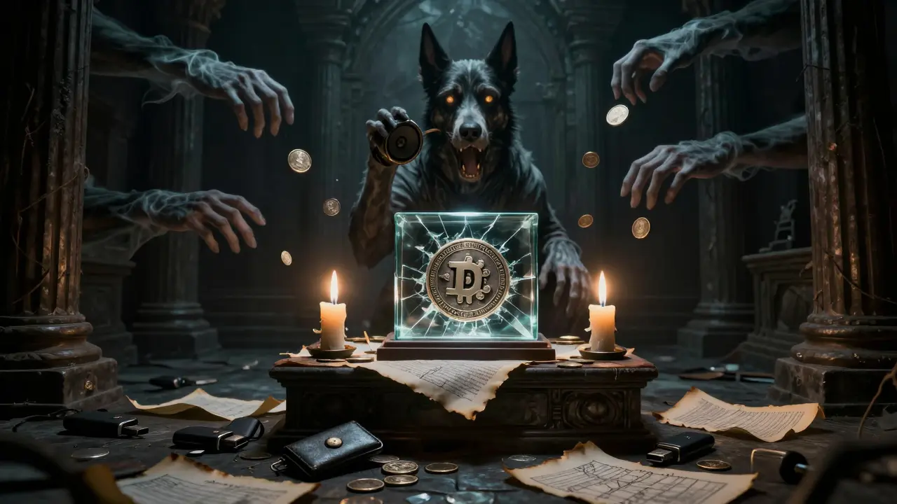 Un token DOG sur un autel oublié, entouré de bougies en USB brûlées, tandis qu'une entité spectrale canine murmure dans le noir.