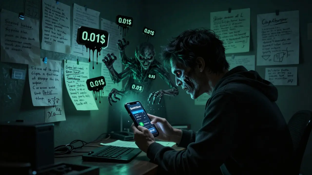 Un trader reflété comme une entité monstrueuse manipulant des transactions sur un téléphone, entouré de frais qui suintent de l'encre noire.