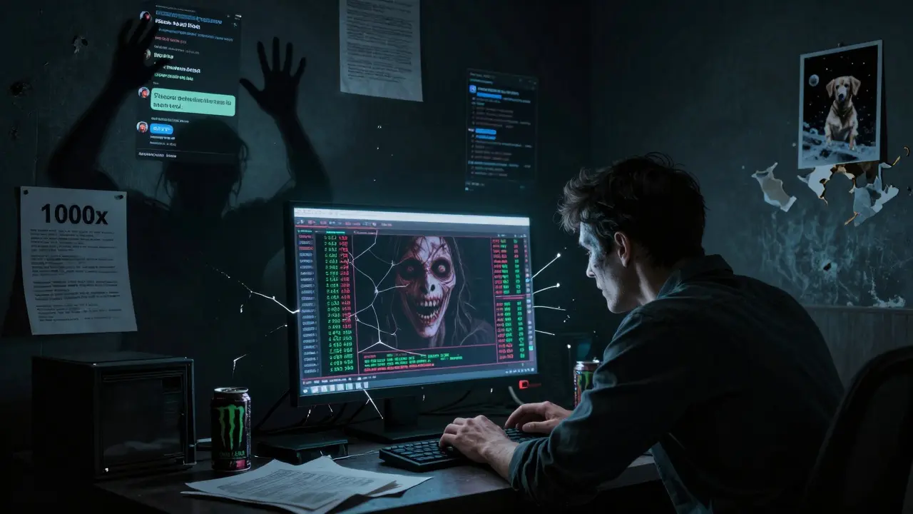 Un trader seul regarde un écran défectueux affichant des chiffres impossibles, reflétant des visages monstrueux dans ses yeux.