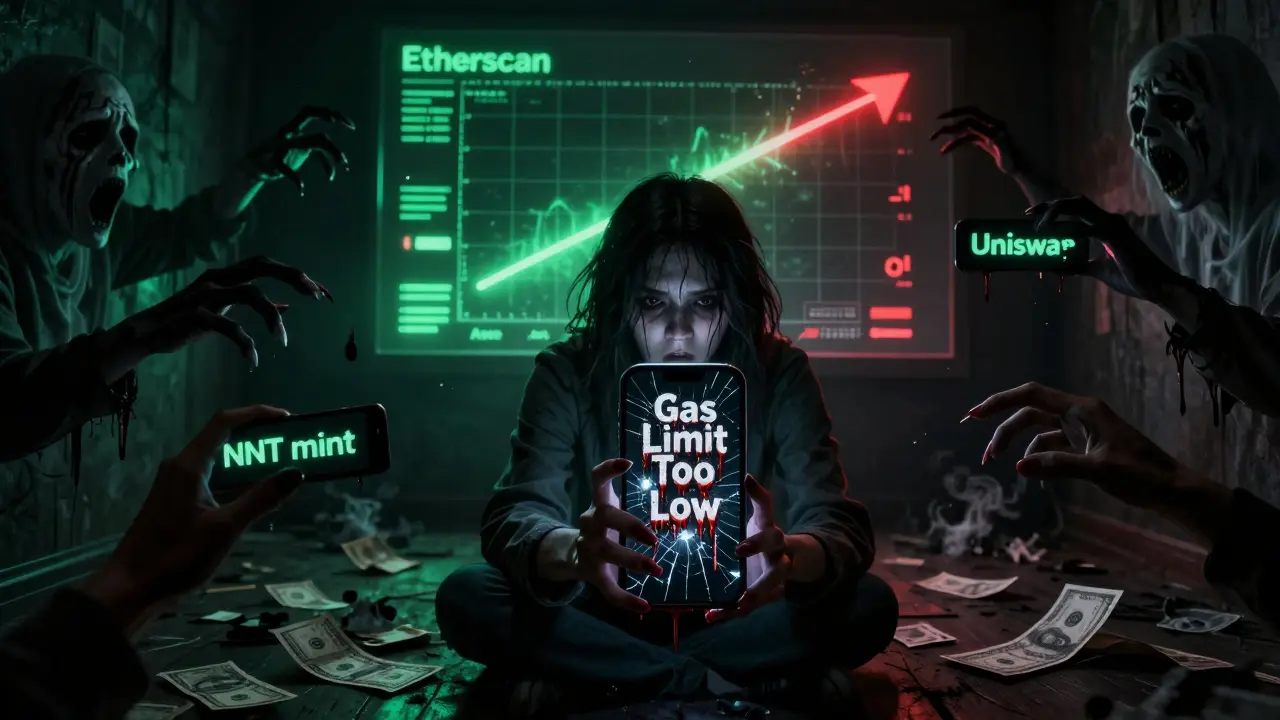 Un utilisateur horrifié face à un écran de transaction échouée, entouré de mains fantomatiques et de billets qui se transforment en cendres.