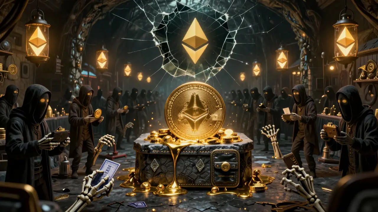 Underground crypto market with faceless traders and a wallet altar oozing gold, skeletal hands reaching up.