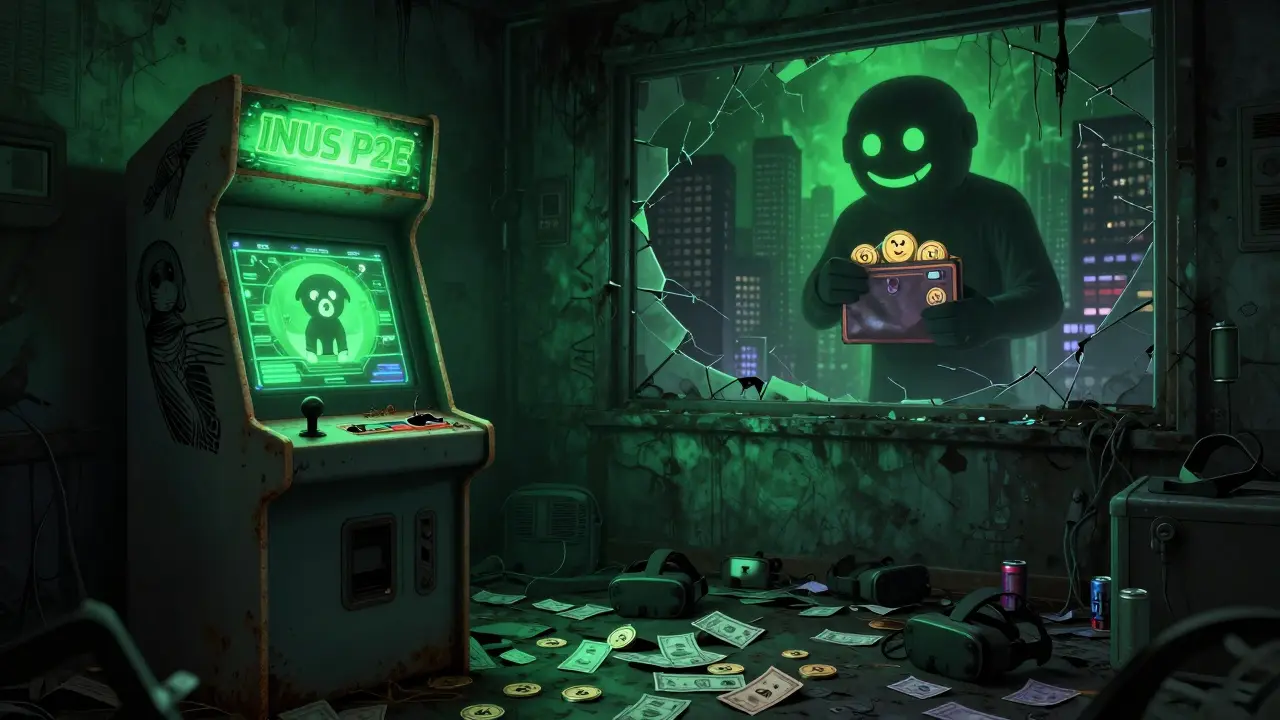 Une arcade GameFi abandonnée brille d'un néon vert sinistre, avec des écrans affichant des chiens IA aux yeux vides.