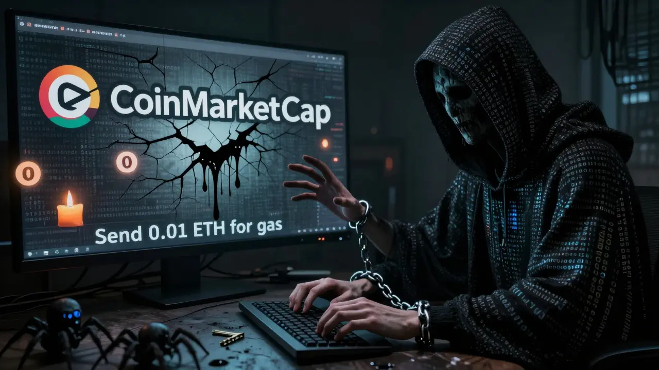 Une créature de code sombre tend la main vers un utilisateur piégé, tandis que le logo CoinMarketCap se décompose en encre noire.
