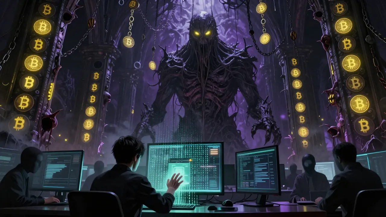 Une entité monstrueuse faite de cryptomonnaies, enchaînant des portefeuilles qui se désintègrent dans l'ombre.