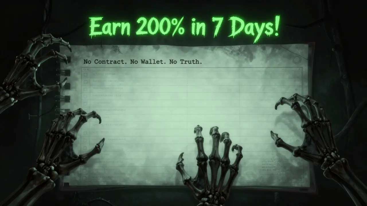 Une interface web sinistre avec des mains squelettiques sortant de l'écran, affichant '0 token en circulation'.