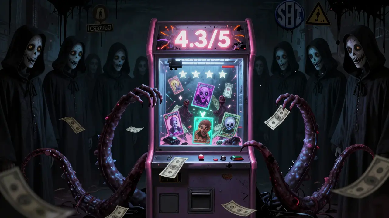 Une machine Gacha tentaculaire crache des paquets de cartes hurlantes, entourée de silhouettes sans visage et d'un avertissement de la SEC qui coule comme de l'encre.