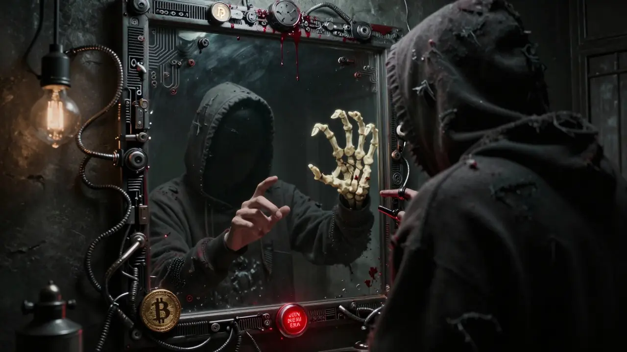 Une silhouette sans visage face à un miroir reflétant une main squelettique, entourée de machines de minage et de symboles sanglants.